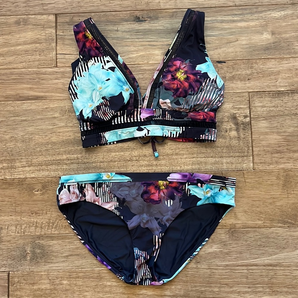 Calia floral bikini- 2 options for bottoms: full coverage or basic bottom.